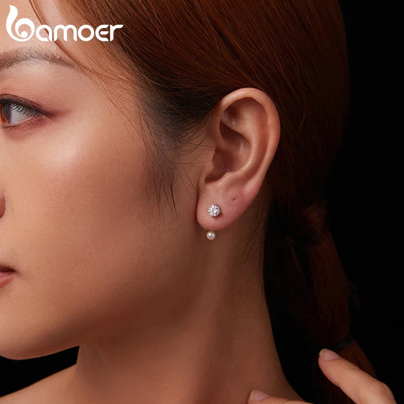 Moissanite Pearl Stud Earrings 925 Sterling Silver Lab Diamond CZ Bridal Gift