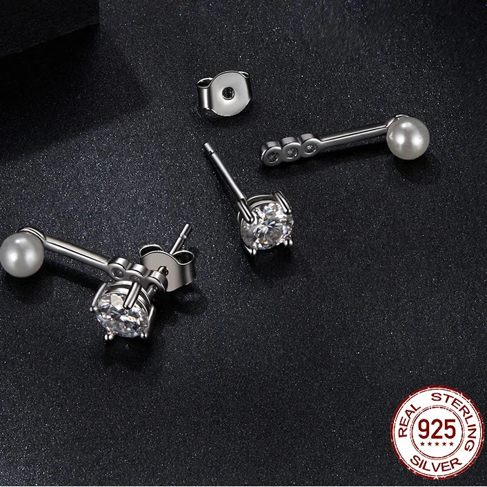 Moissanite Pearl Stud Earrings 925 Sterling Silver Lab Diamond CZ Bridal Gift