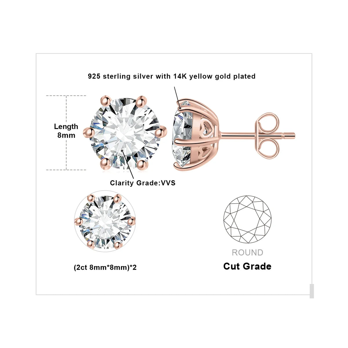 Round Moissanite Solitaire Stud Earrings in Three Metal Finishes