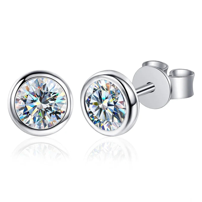 Round Bezel Moissanite Stud Earrings in Sterling Silver