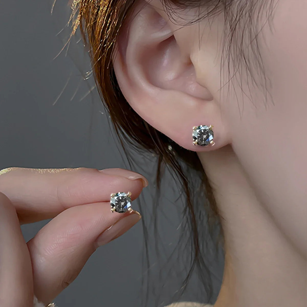 Gray Moissanite Solitaire Stud Earrings in Sterling Silver