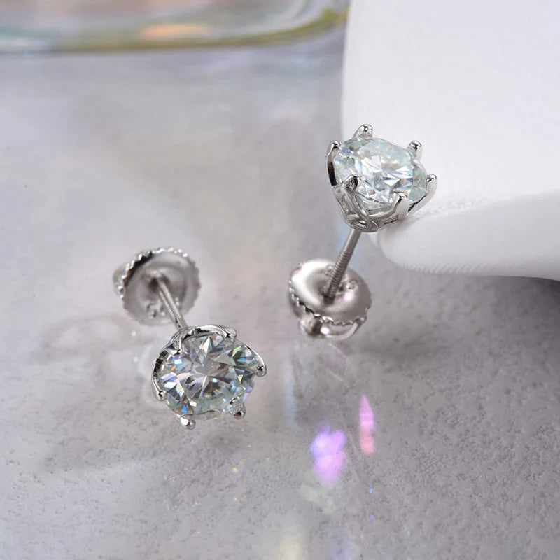 Moissanite Stud Earrings 0.5-2CT S925 Sterling Silver 18K 6-Prong Screw Backs