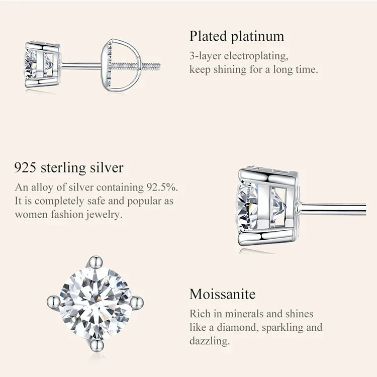 Moissanite Stud Earrings 0.5-1ct Screw Back D VVS1 Lab Created White Gold