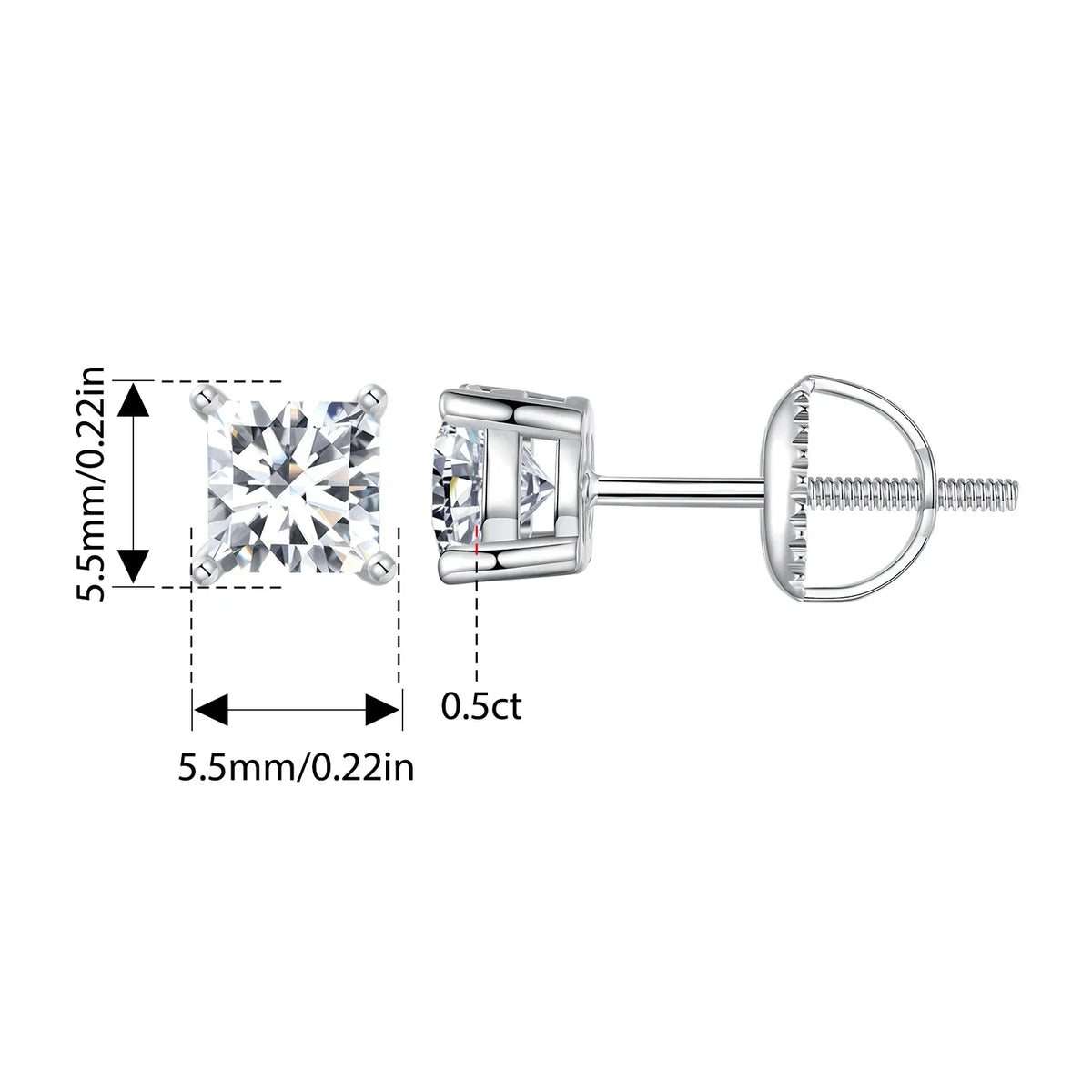Moissanite Stud Earrings 0.5-1ct Screw Back D VVS1 Lab Created White Gold