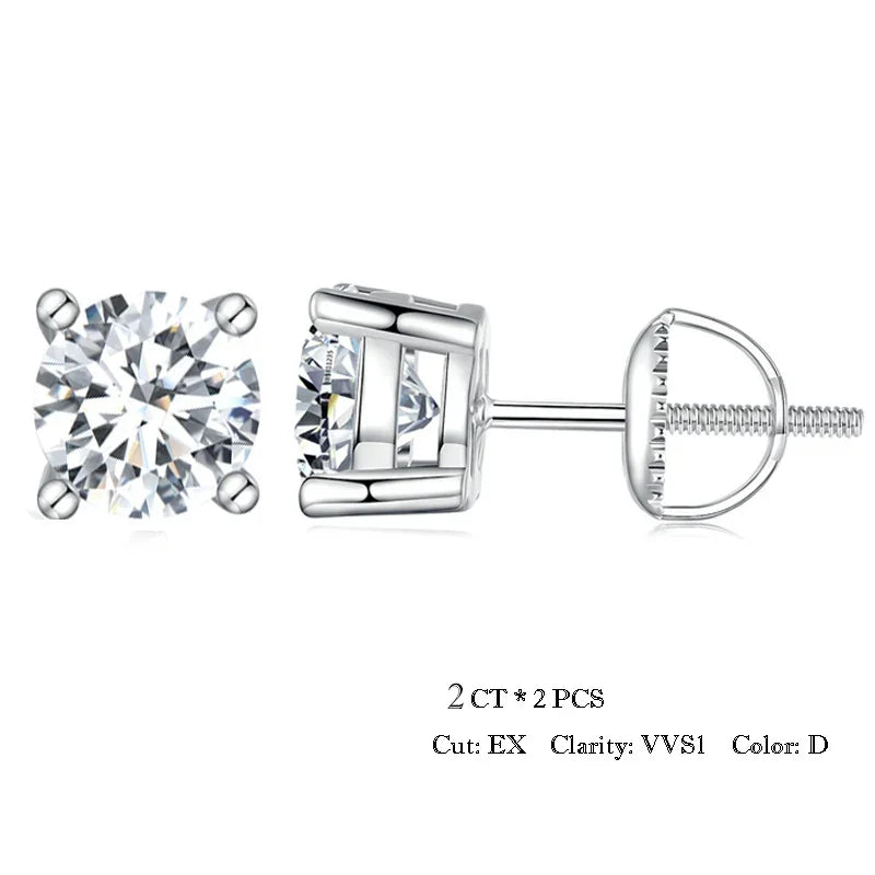 Moissanite Stud Earrings 2CT VVS1 925 Sterling Silver Screw Back Classic