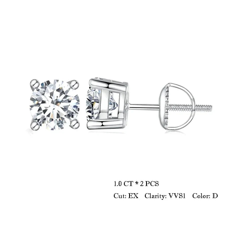 Moissanite Stud Earrings 2CT VVS1 925 Sterling Silver Screw Back Classic