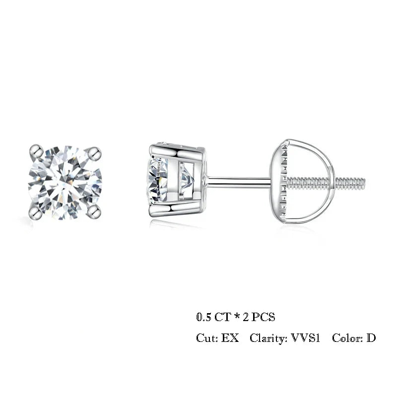 Moissanite Stud Earrings 2CT VVS1 925 Sterling Silver Screw Back Classic