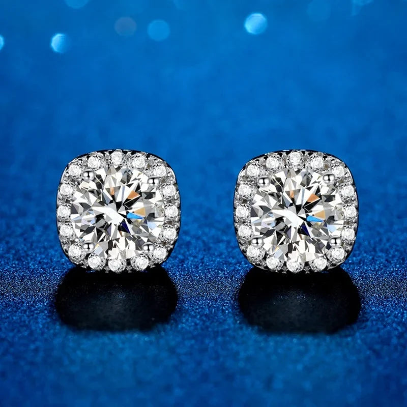 Colored Cushion Halo Moissanite Stud Earrings, 1 ct Each