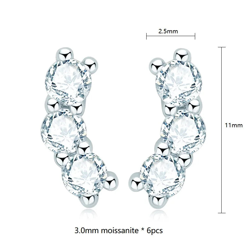 Moissanite Bar & Curved Climber Stud Earrings in Sterling Silver