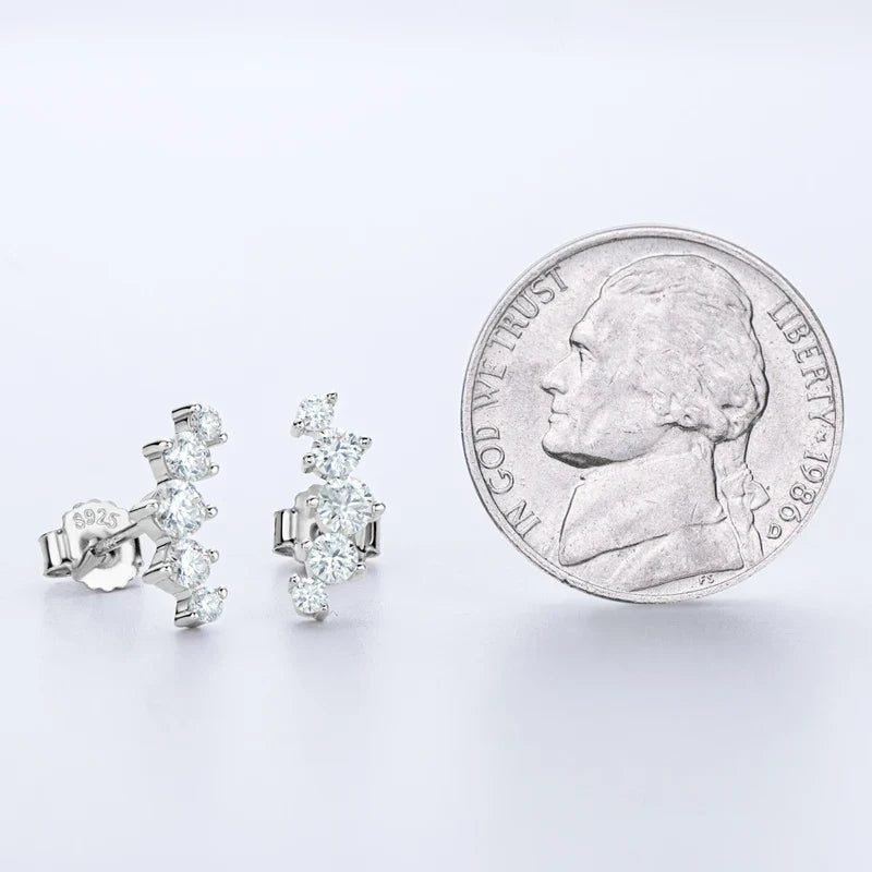 Moissanite Bar & Curved Climber Stud Earrings in Sterling Silver