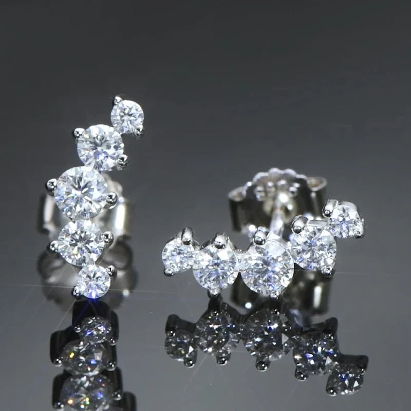 Moissanite Bar & Curved Climber Stud Earrings in Sterling Silver
