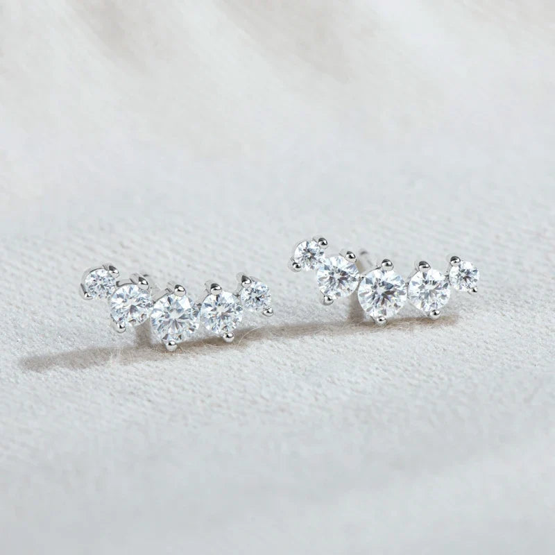 Moissanite Bar & Curved Climber Stud Earrings in Sterling Silver