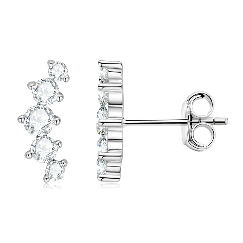 Moissanite Bar & Curved Climber Stud Earrings in Sterling Silver