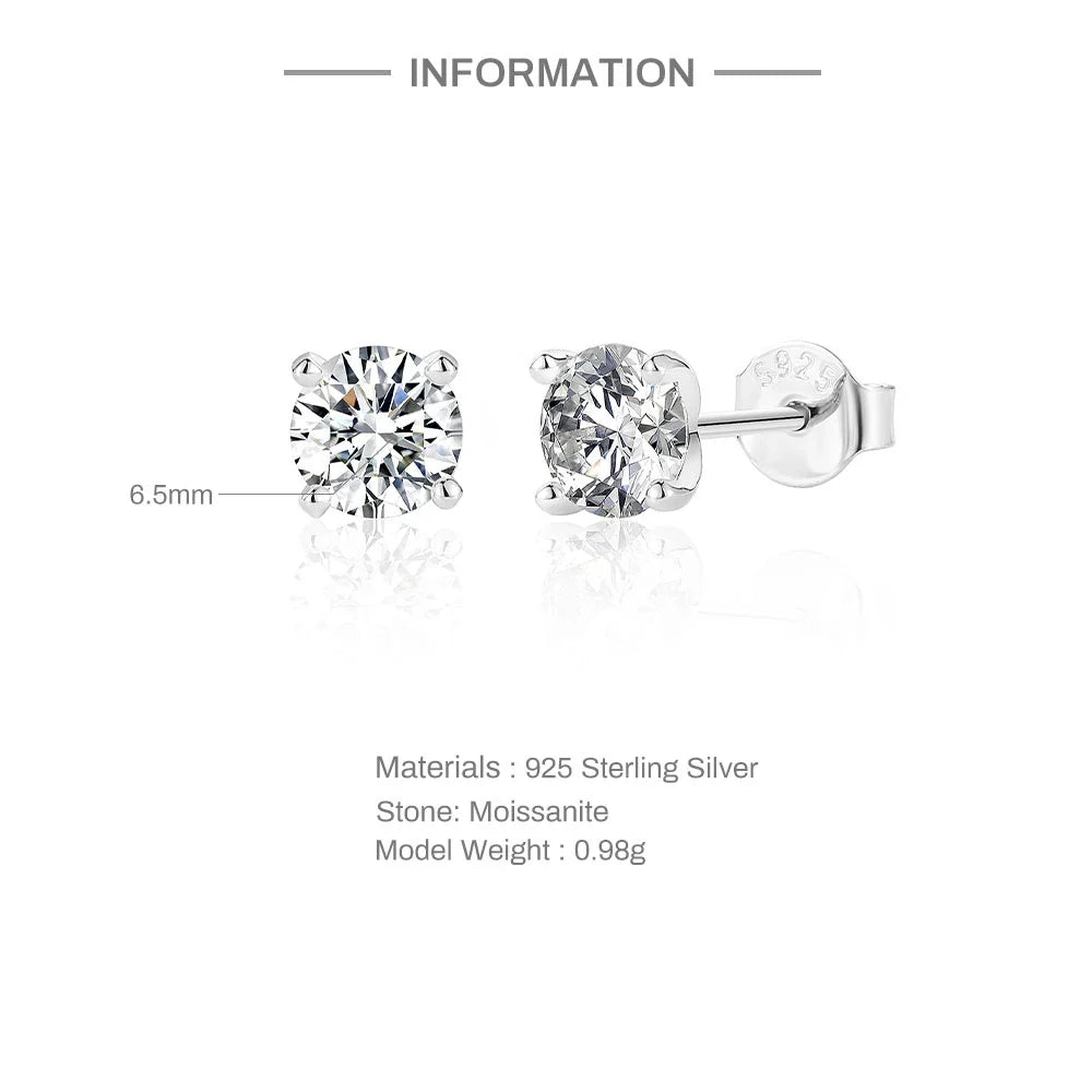 Round Moissanite Solitaire Stud Earrings in Sterling Silver