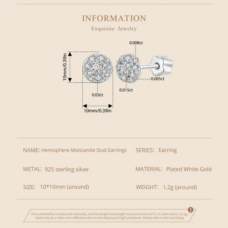 Moissanite Stud Earrings 925 Sterling Silver Hemisphere Dazzling For Mom