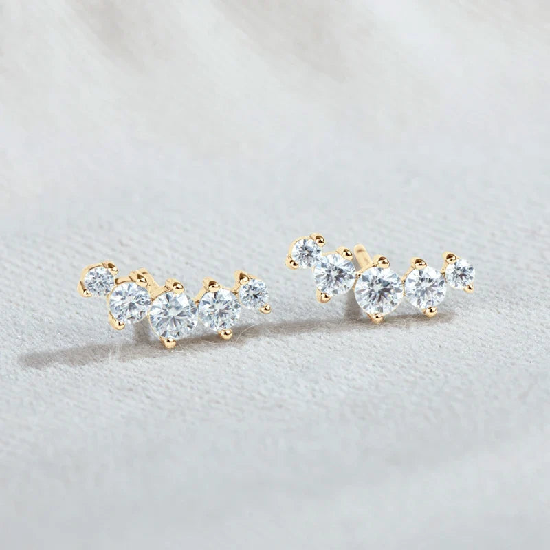 Moissanite Bar & Curved Climber Stud Earrings in Sterling Silver
