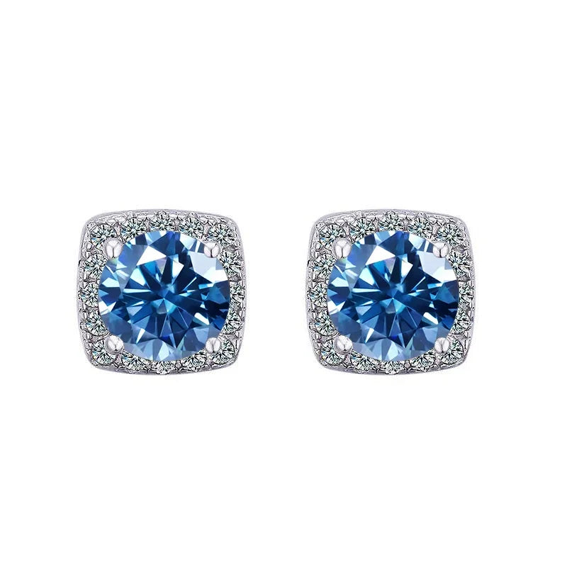 Colored Cushion Halo Moissanite Stud Earrings, 1 ct Each