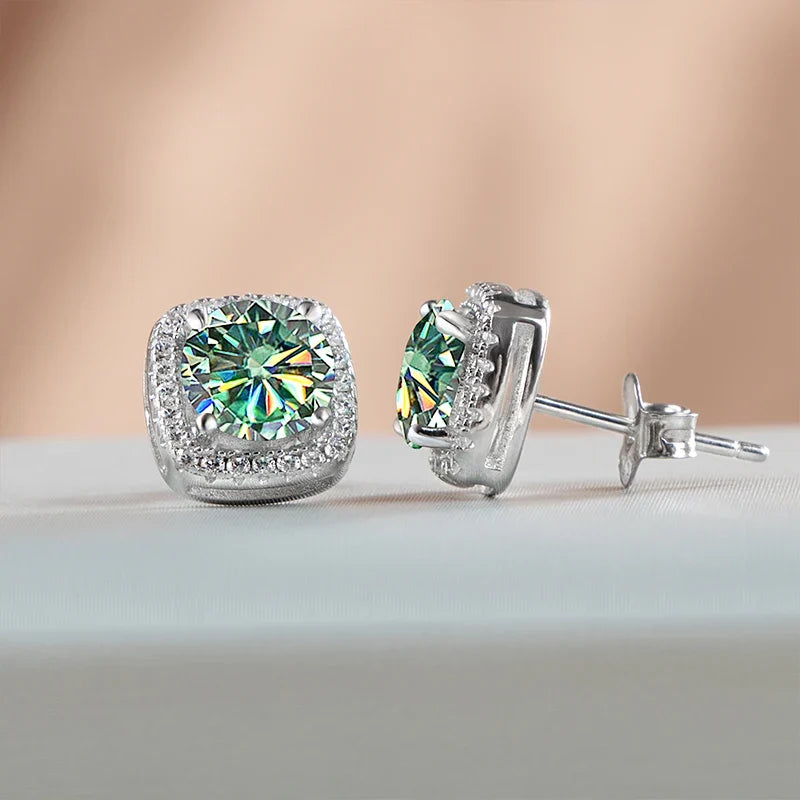 Colored Cushion Halo Moissanite Stud Earrings, 1 ct Each