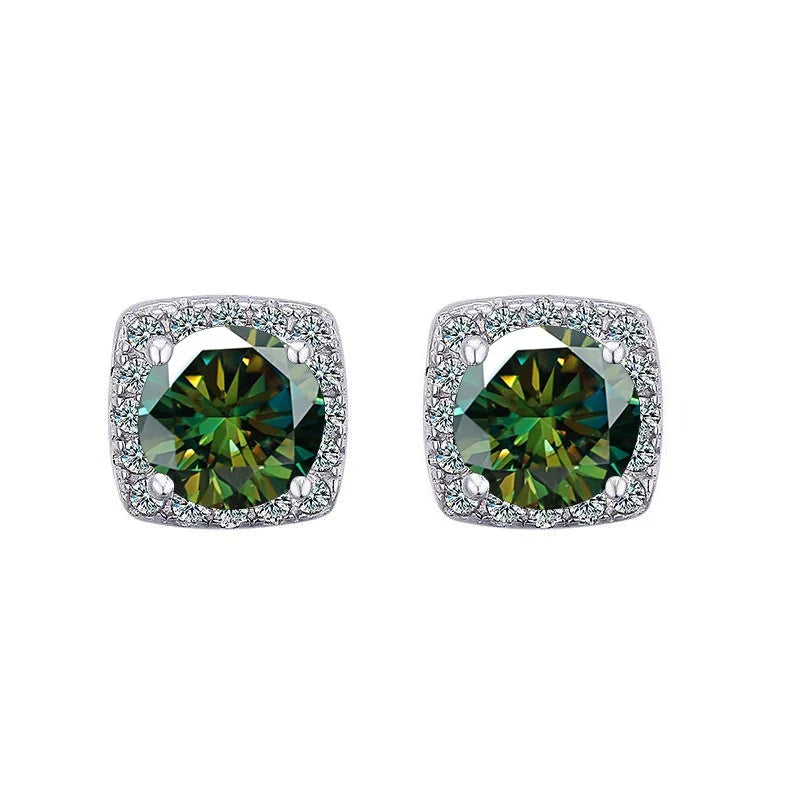Colored Cushion Halo Moissanite Stud Earrings, 1 ct Each