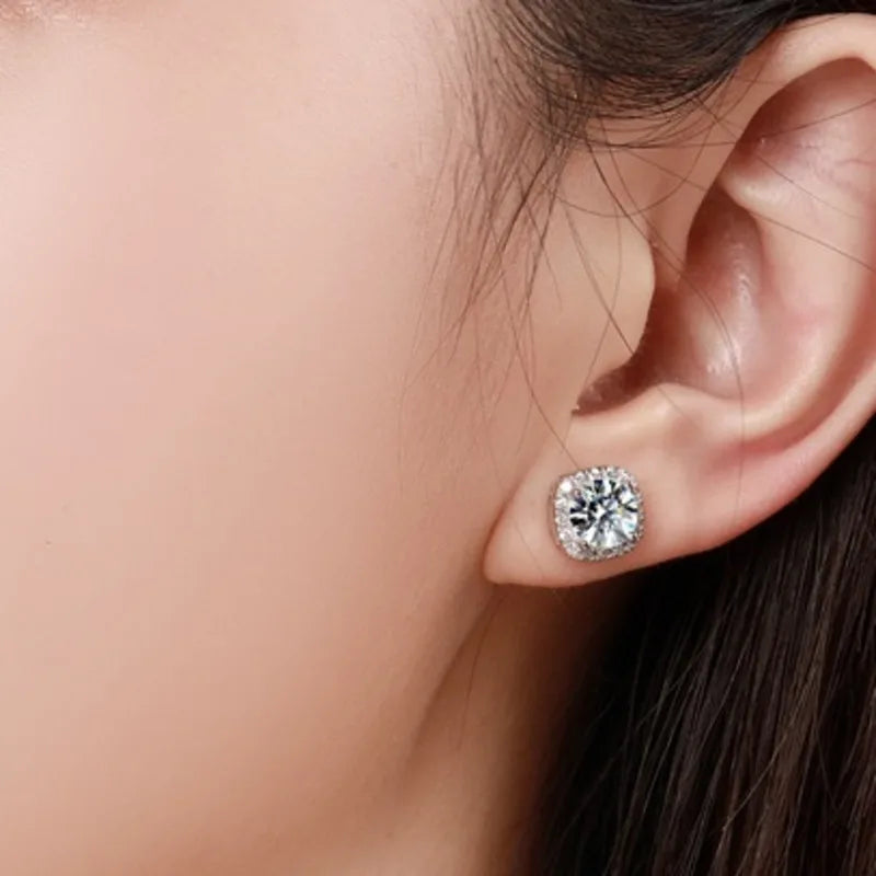 Colored Cushion Halo Moissanite Stud Earrings, 1 ct Each