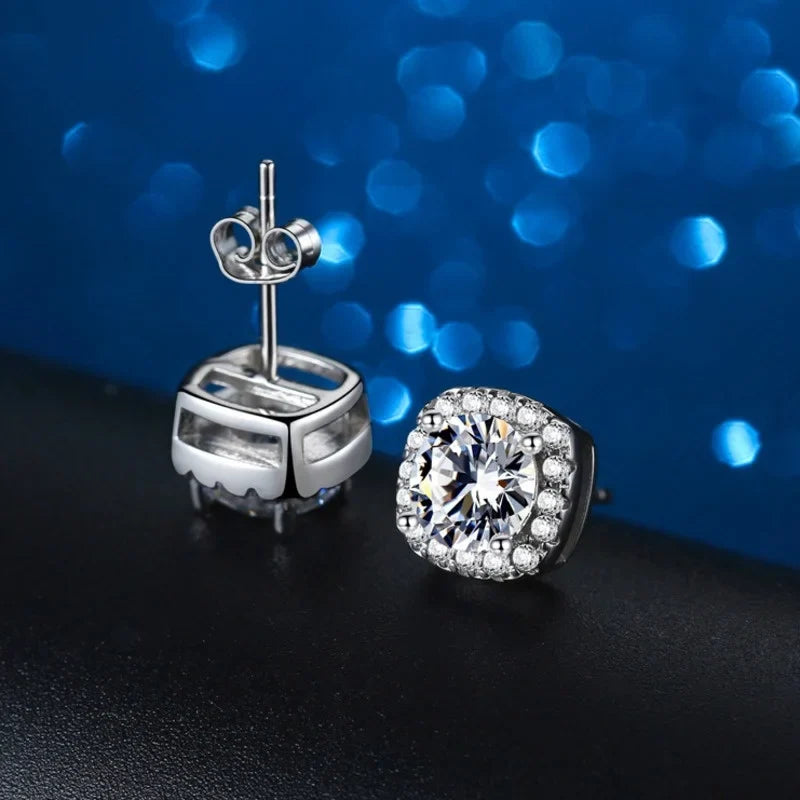 Colored Cushion Halo Moissanite Stud Earrings, 1 ct Each