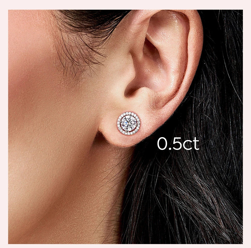 Round Halo Moissanite Stud Earrings in Gold-Tone or Silver
