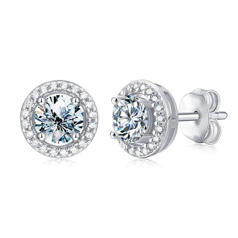 Round Halo Moissanite Stud Earrings in Gold-Tone or Silver