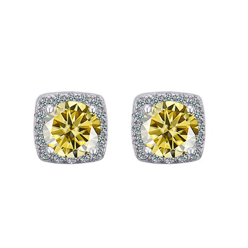 Colored Cushion Halo Moissanite Stud Earrings, 1 ct Each
