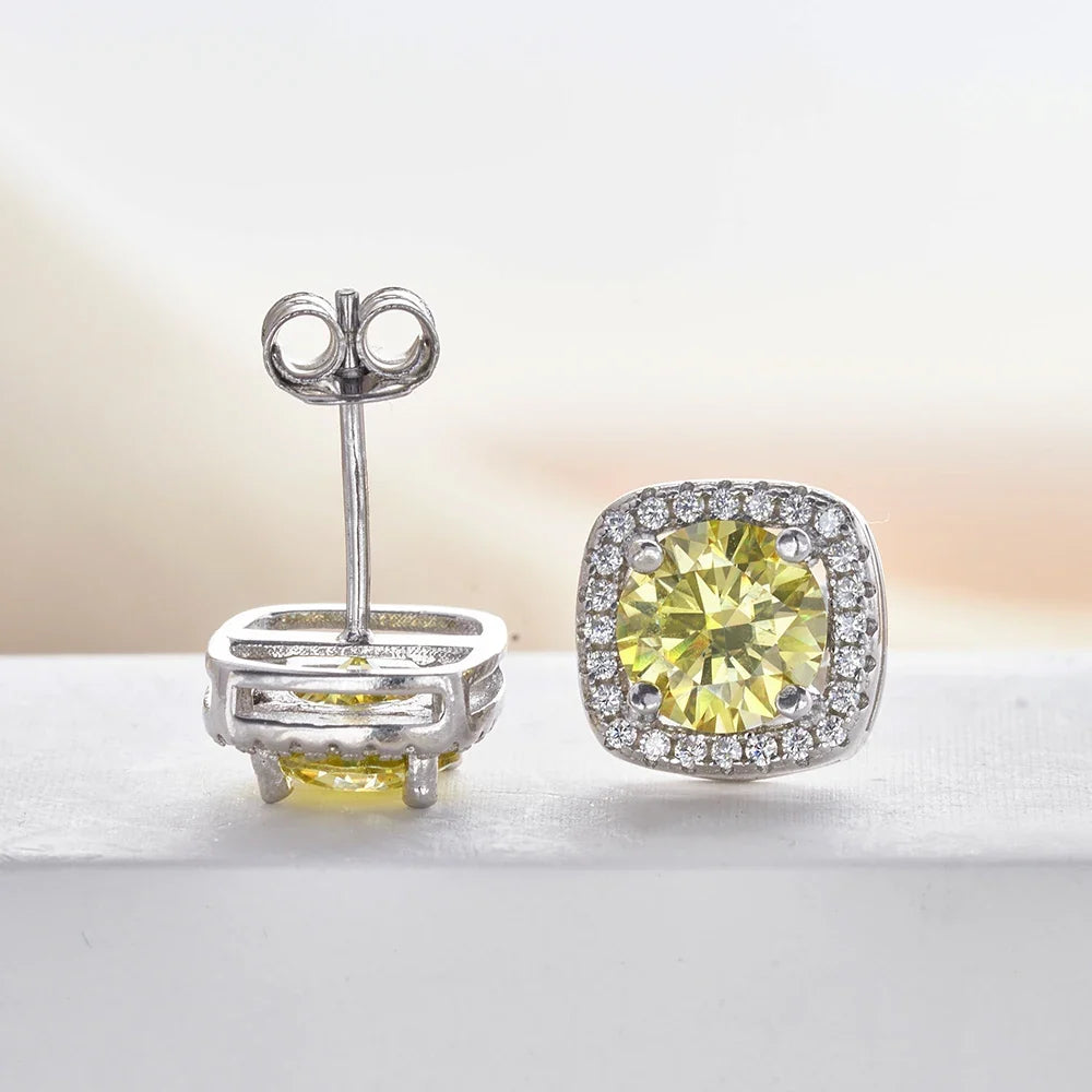 Colored Cushion Halo Moissanite Stud Earrings, 1 ct Each
