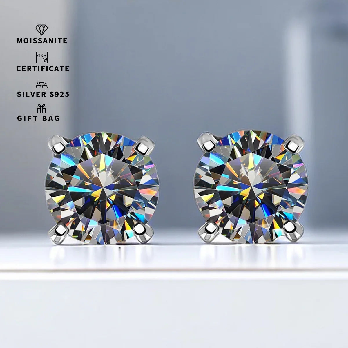 Gray Moissanite Solitaire Stud Earrings in Sterling Silver