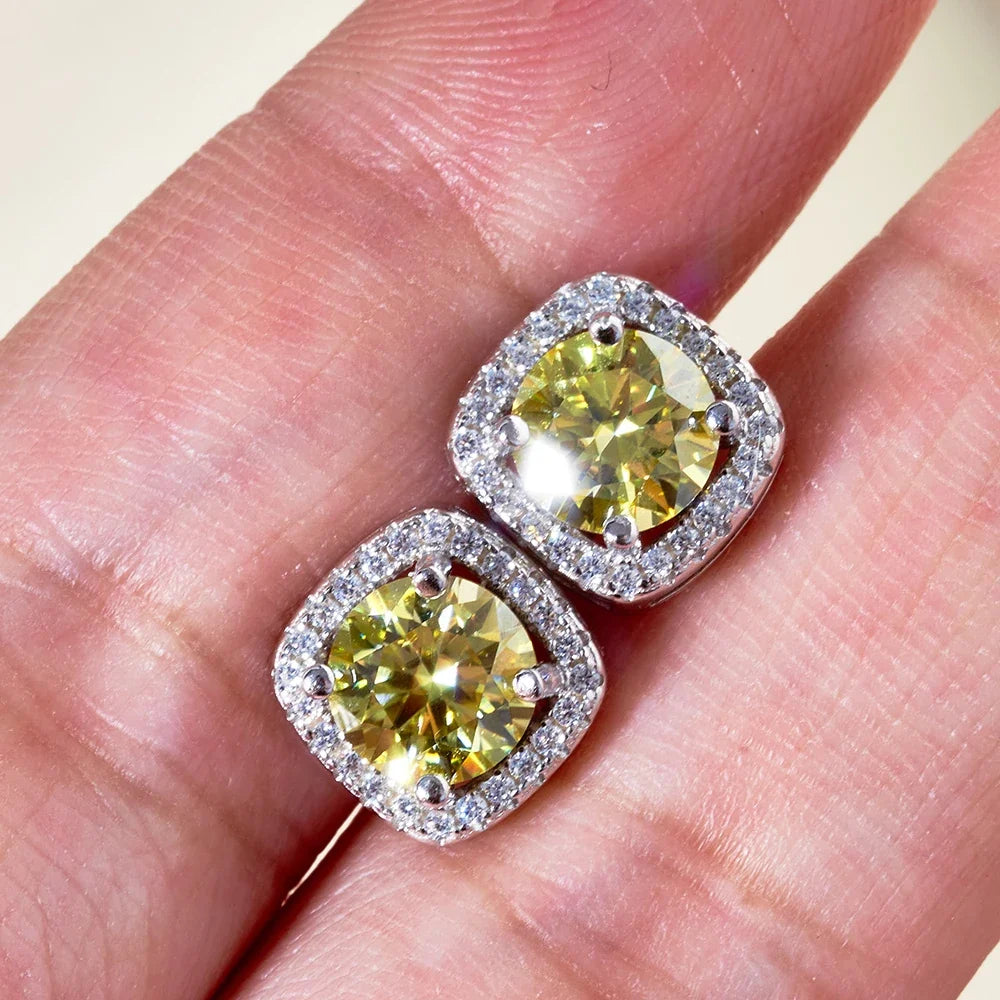 Colored Cushion Halo Moissanite Stud Earrings, 1 ct Each