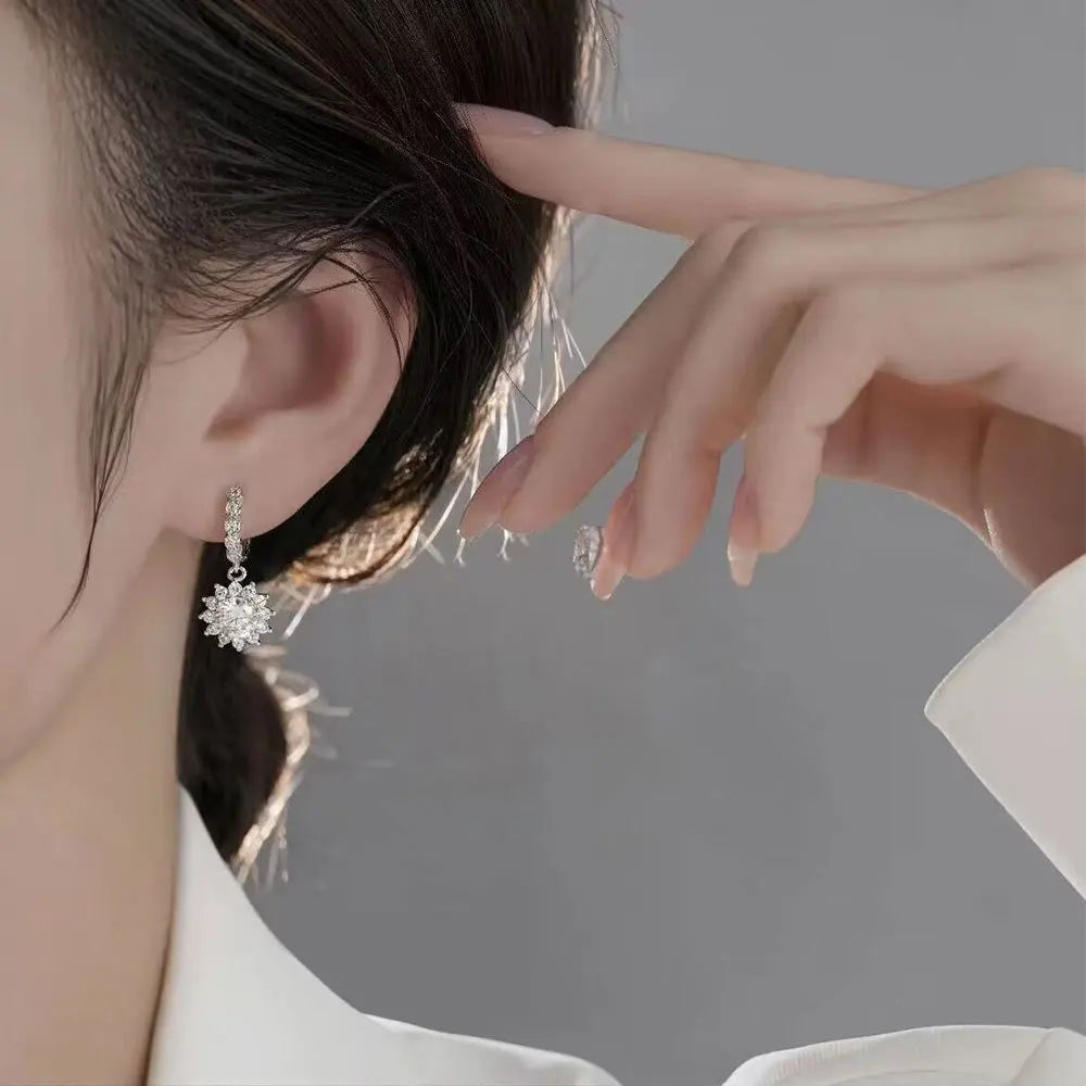 Sunflower Moissanite Drop Hoop Earrings in Sterling Silver