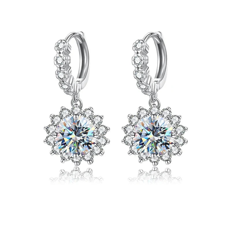 Sunflower Moissanite Drop Hoop Earrings in Sterling Silver