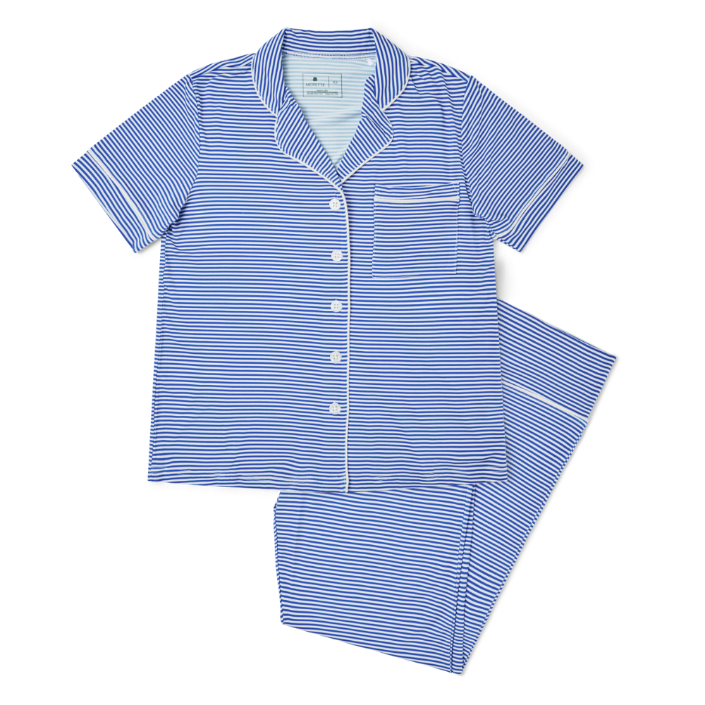 Conjunto de pijama de bambú de manga corta y pantalón a rayas cobalto para mujer