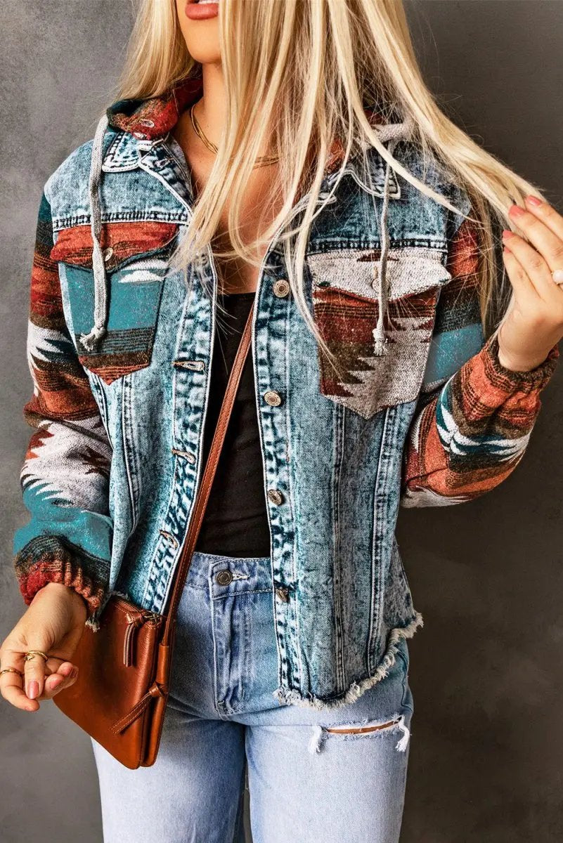 Jackets Love Salve Aztec Denim Jacket Women's Daily Western Shacket Frayed Hem