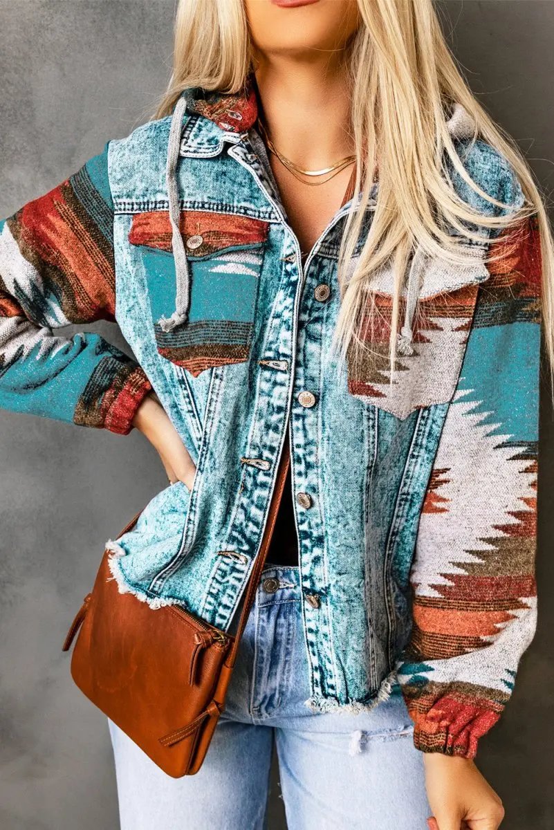 Jackets Love Salve Aztec Denim Jacket Women's Daily Western Shacket Frayed Hem
