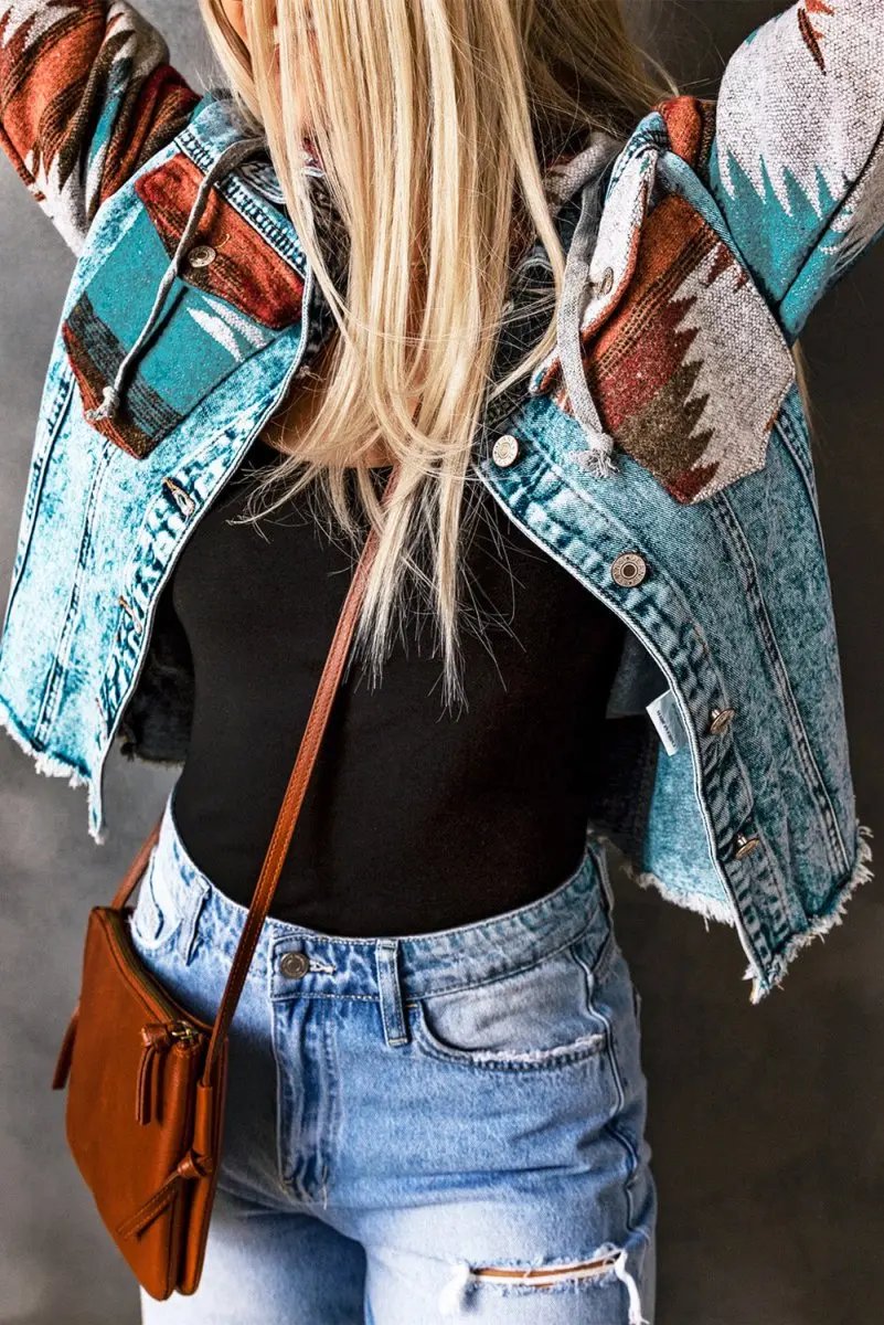 Jackets Love Salve Aztec Denim Jacket Women's Daily Western Shacket Frayed Hem