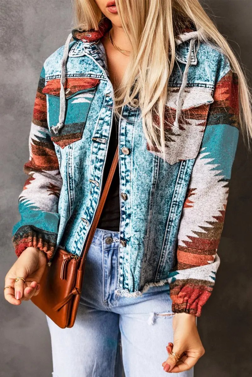 Jackets Love Salve Aztec Denim Jacket Women's Daily Western Shacket Frayed Hem