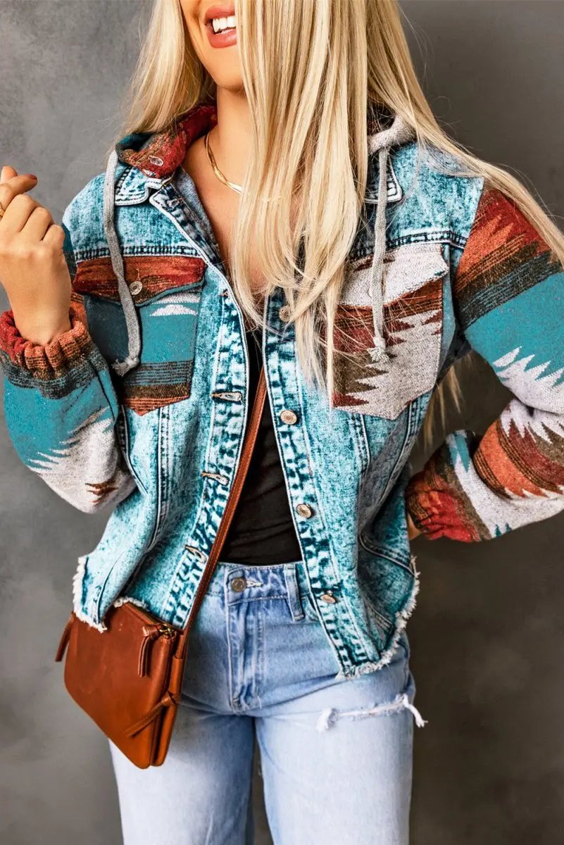 Jackets Love Salve Aztec Denim Jacket Women's Daily Western Shacket Frayed Hem