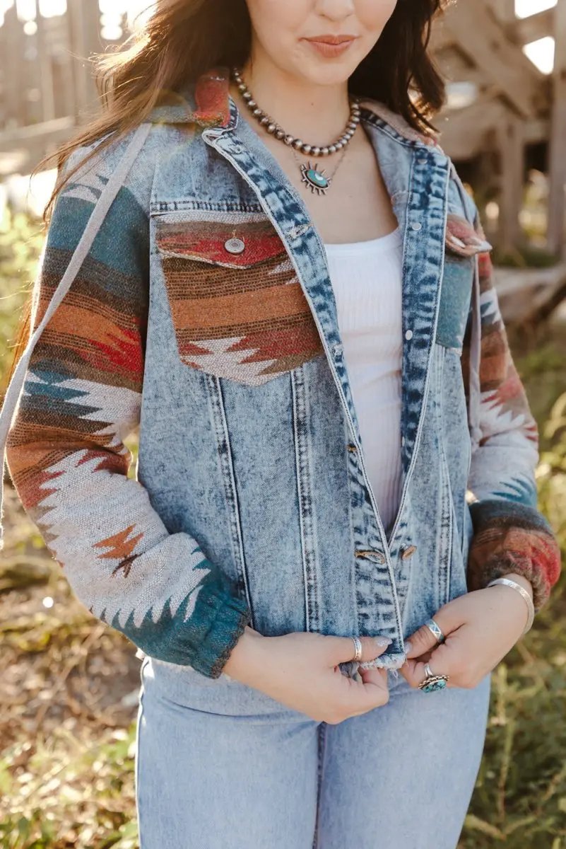 Jackets Love Salve Aztec Denim Jacket Women's Daily Western Shacket Frayed Hem