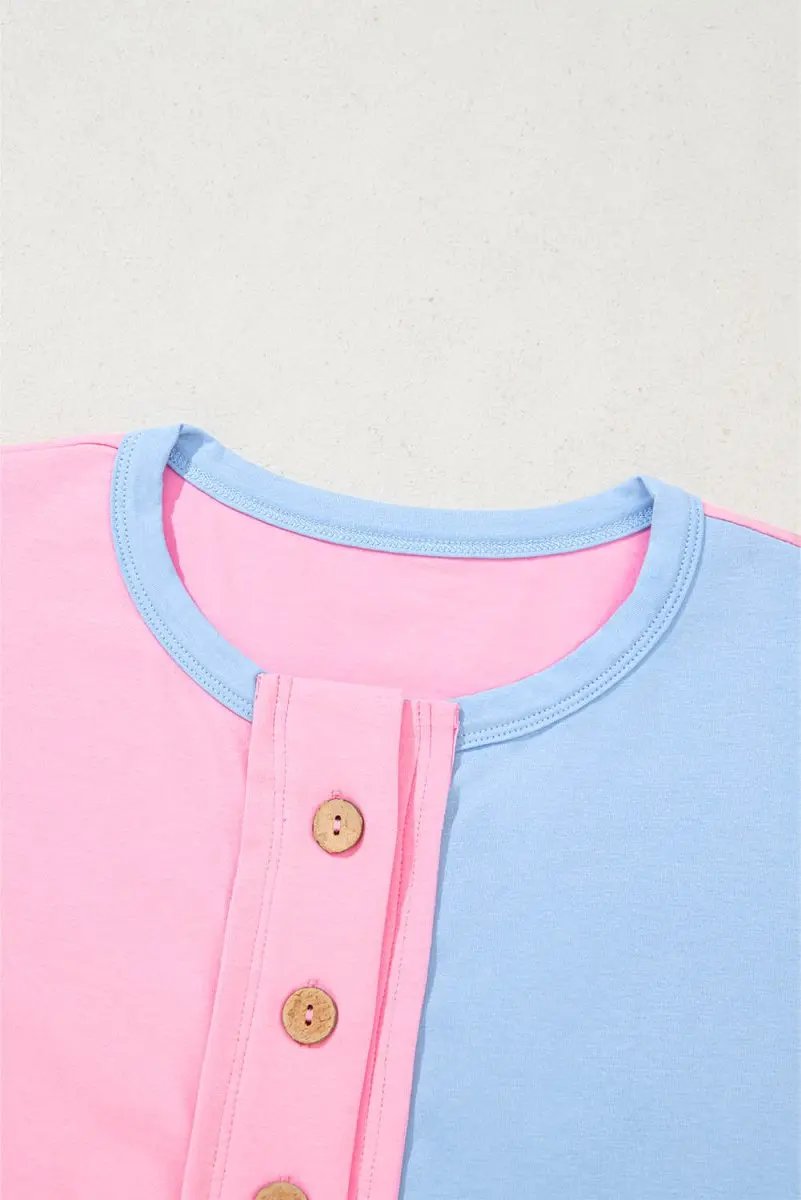 Accessories Love Salve Two-Tone Collared T-Shirt Women's Daily Casual Top - Half Button, Color Block