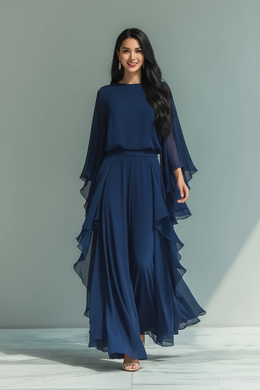 Women Top Pants Two-Piece Set Summer Loose Fit Casual Ruffle Bell Sleeve Shirt Solid Color Wide Legs Pants Trousers