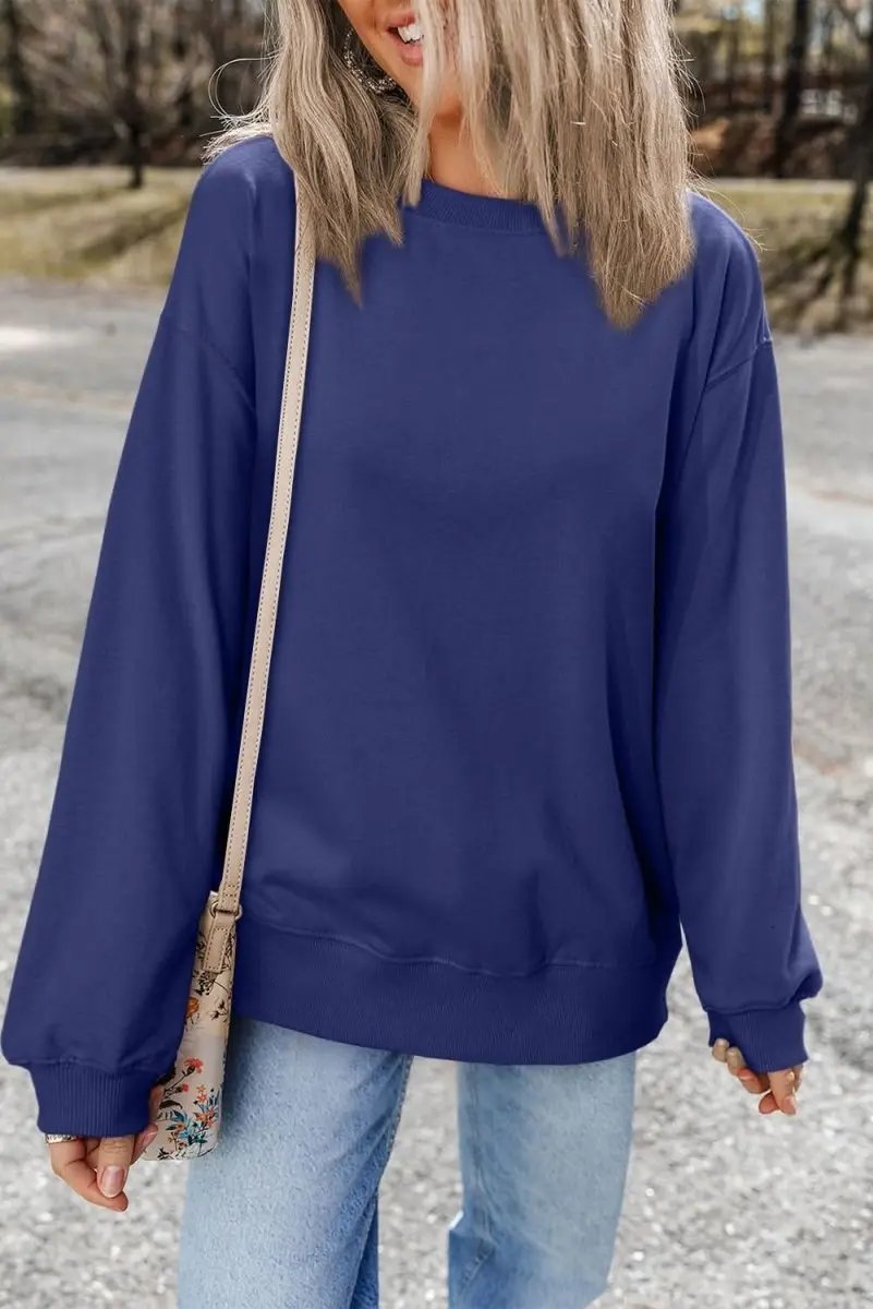 Sweaters Love Salve Navy Pullover Women's Daily Wear Sweatshirt: Drop Shoulder, Casual Style