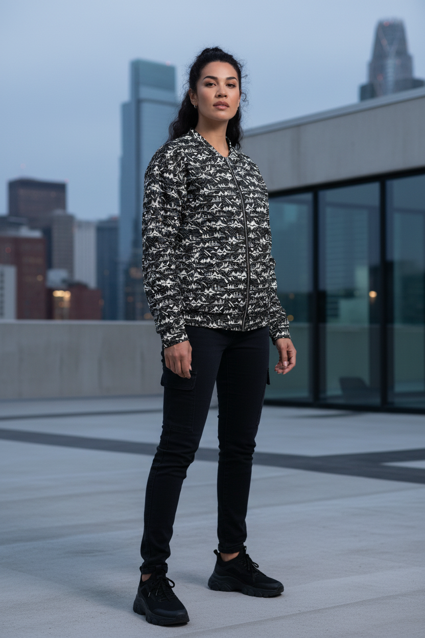 Glitch Soundwave Grid Bomber Jacket | Neo-Futurist Black White