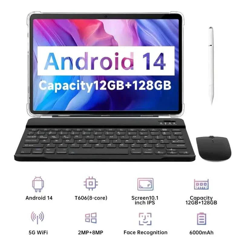 Android 14 Tablet 10.1" 12GB RAM 128GB ROM with Keyword and Mouse