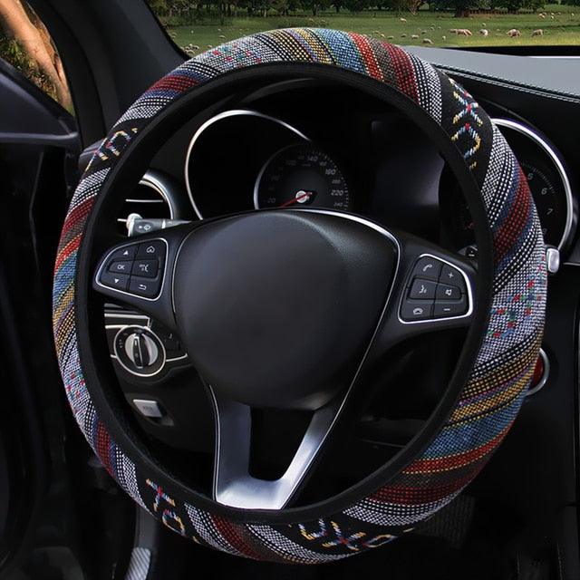 New Baja Blanket Car Steering Wheel Cover Linen Universal Elastic Flax Stripe Cool Interior Car Steering Wheel Cover Ethnic Style Car Accessories Steering Wheel Covers with Cloth for Women Breathable Anti Skid Better Grips Steering Wheel Cover Women
