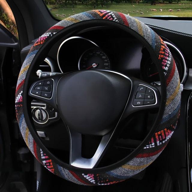 New Baja Blanket Car Steering Wheel Cover Linen Universal Elastic Flax Stripe Cool Interior Car Steering Wheel Cover Ethnic Style Car Accessories Steering Wheel Covers with Cloth for Women Breathable Anti Skid Better Grips Steering Wheel Cover Women