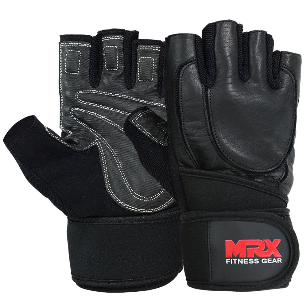 MRX Weight Lifting Gloves Long Wrist Straps Gym Training Leather Black All Sizes