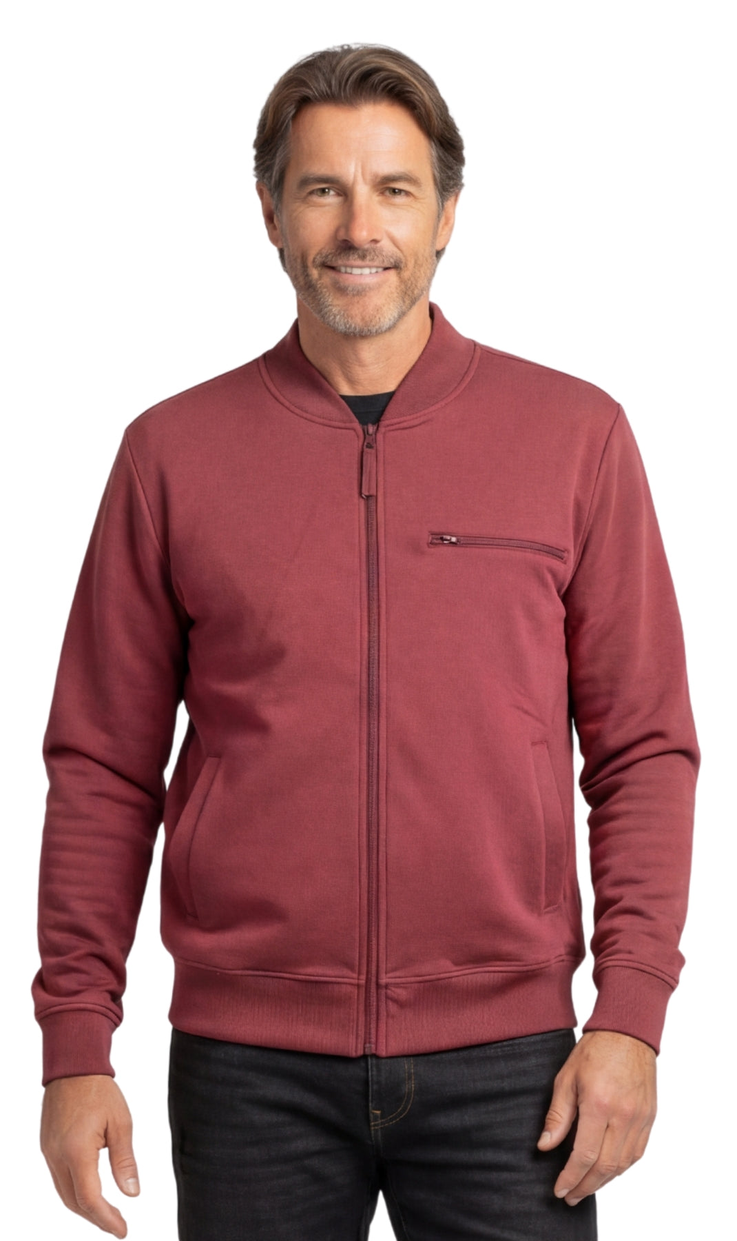 Chaqueta de béisbol de forro polar clásica con cremallera para hombre en tejido ligero de mezcla de algodón con un toque deportivo