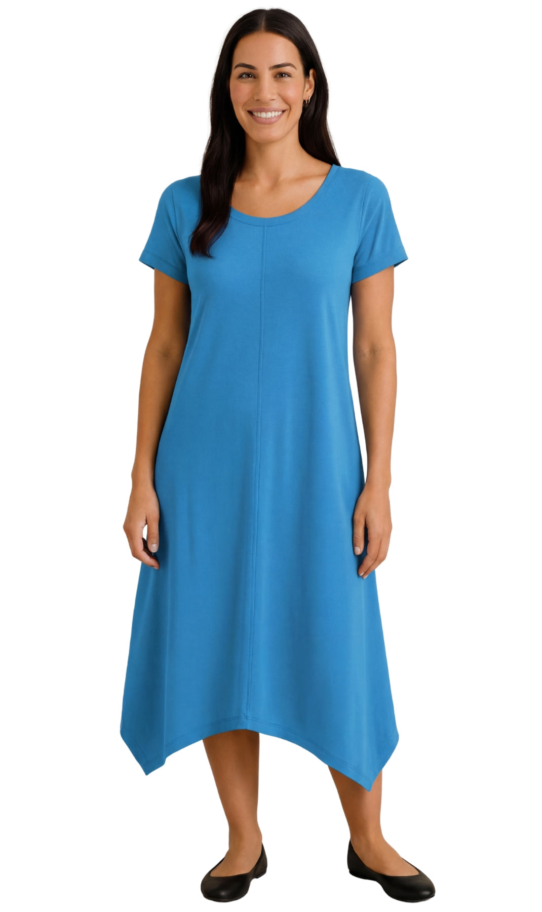 Vestido de punto de manga corta con escote ancho y dobladillo asimétrico en línea A para mujer